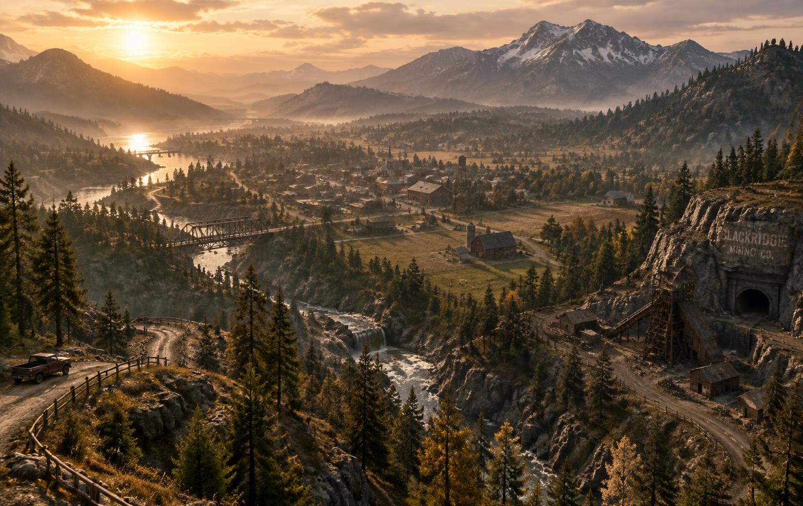 Aerial view of the MudBog valley with a small town, farms and an abandoned mine